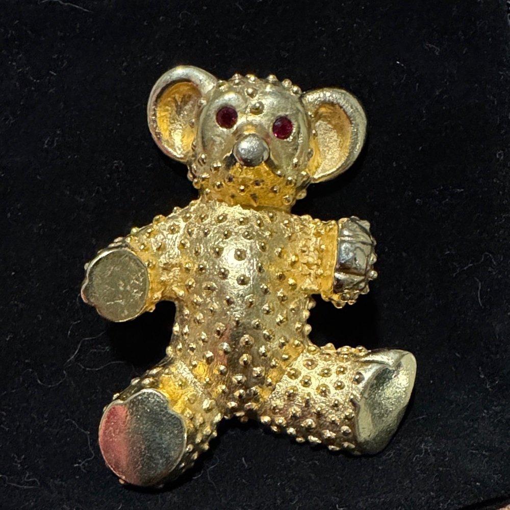 Golden Teddy Bear Brooch with Red Gemstone